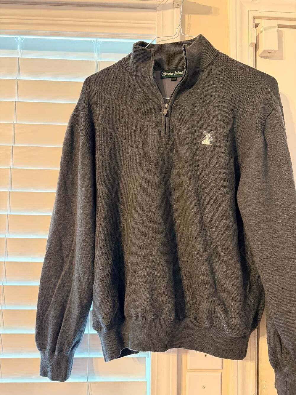 Scottish Winds Men's Gray Diamond Pattern Quarter-Zip Pullover Sweater Size L